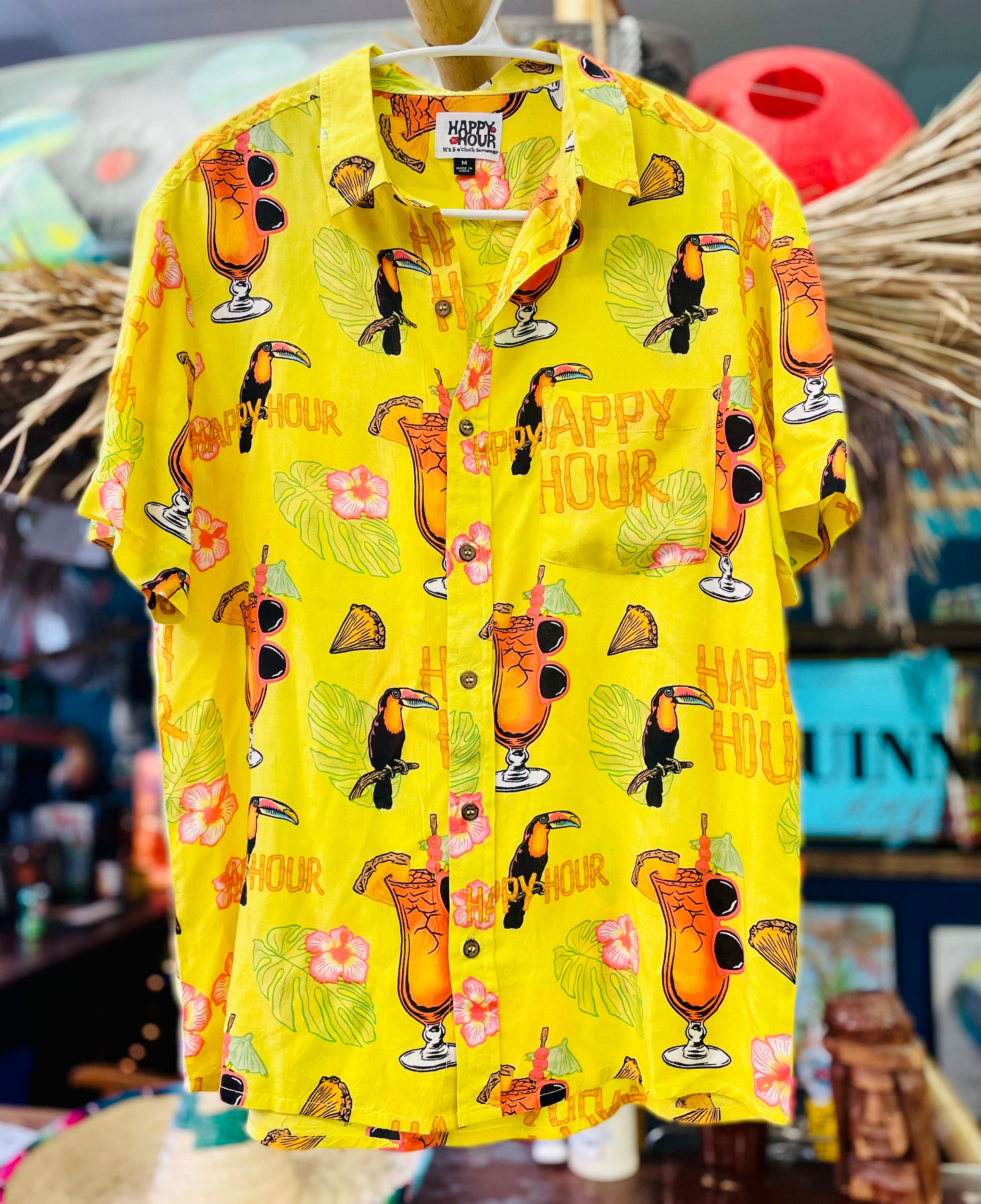 Happy Hour Shades | Tiki Room Button Up Yellow Hawaiian shirt